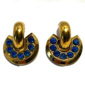 VTG 50's Coro Signed Gold Tone Blue Rhinestone Screw Back Earrings Retro Boho
